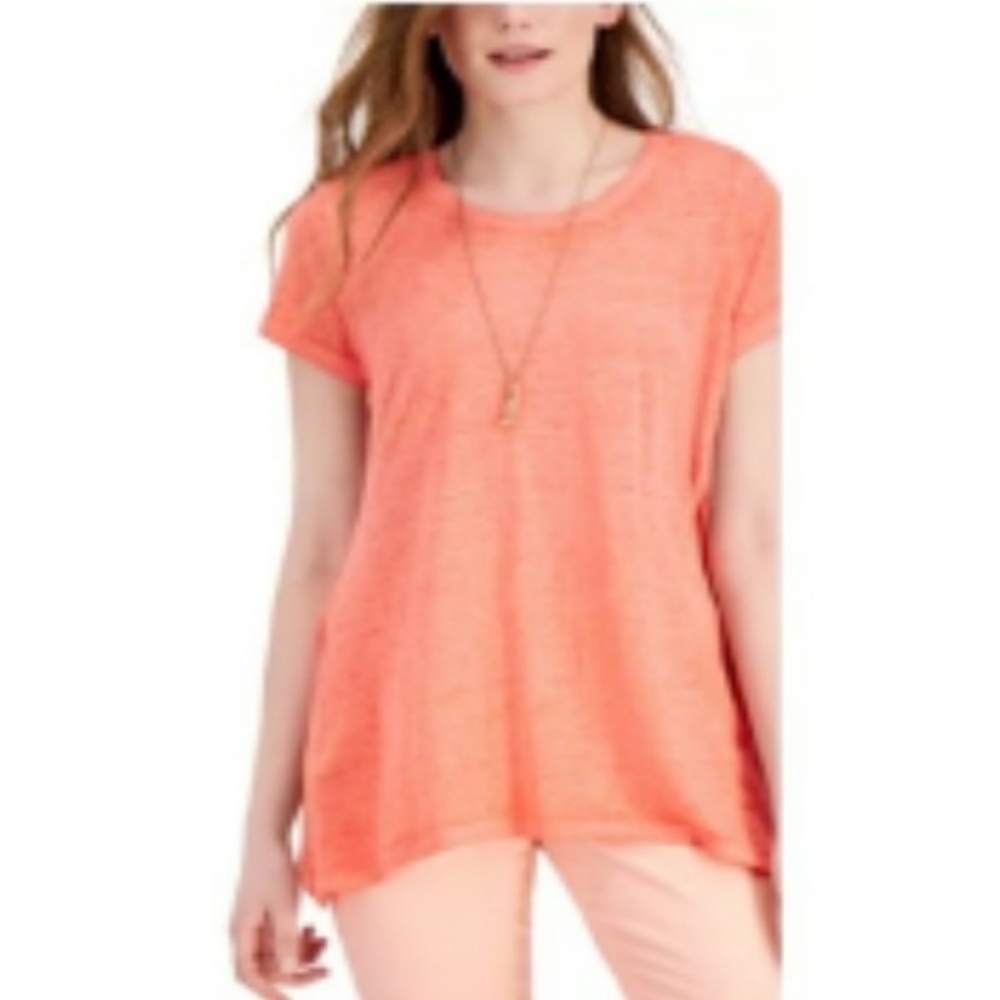 Style & Co Lace Trim Handkerchief hem Short sleeve tee Coral Size S